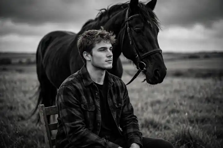 Aura farming prompt for boys: young man in a plaid shirt sitting on a wooden chair beside a black horse, black and white cinematic AI portrait